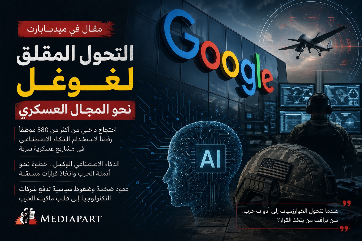 مقال في “ميديابارت”: التحول المقلق لغوغل نحو المجال العسكري